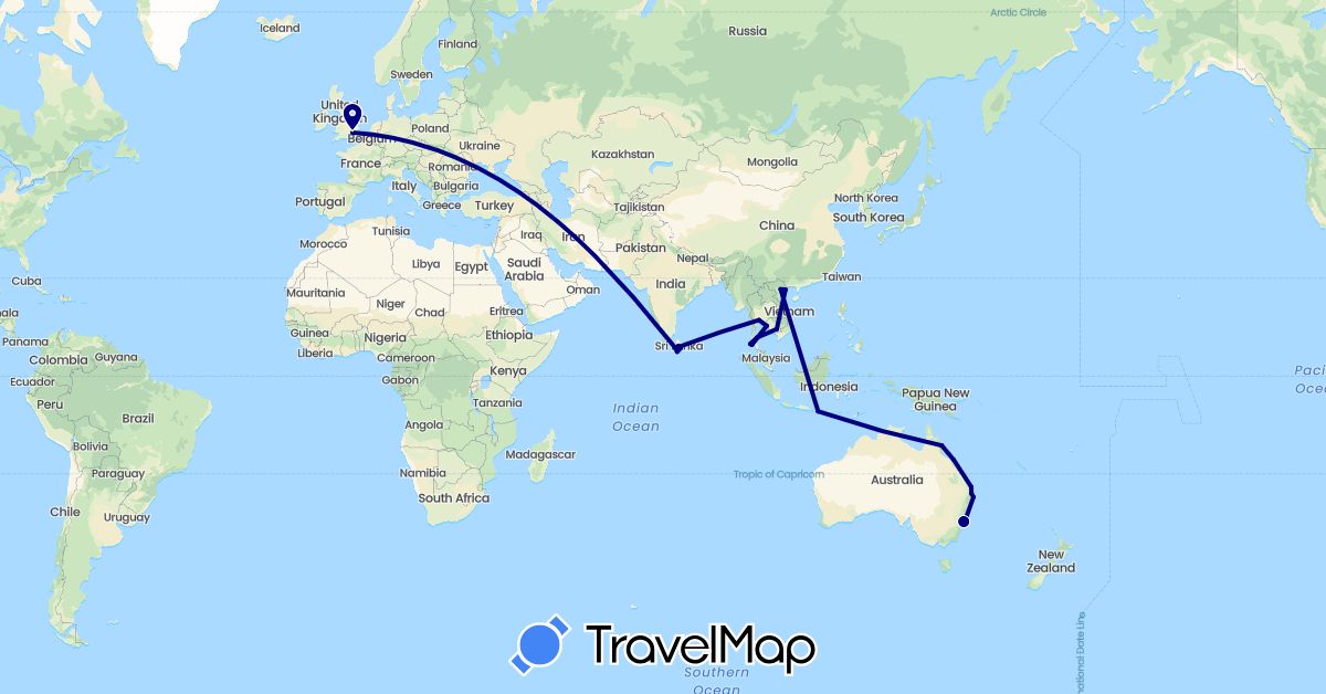 TravelMap itinerary: driving in Australia, United Kingdom, Indonesia, Cambodia, Sri Lanka, Thailand, Vietnam (Asia, Europe, Oceania)